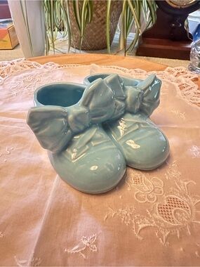 Vintage McCoy Pottery Baby Shoe Planters Pair Pastel Blue Mid Century